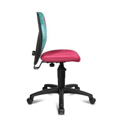 Seitenansicht eines ergonomischen Kinderdrehstuhls mit buntem Design und höhenverstellbarem Sitz.