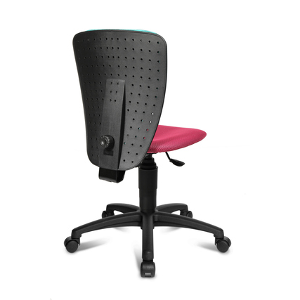 Rückansicht eines Kinderdrehstuhls mit ergonomischer Rückenlehne und verstellbarem Sitz.