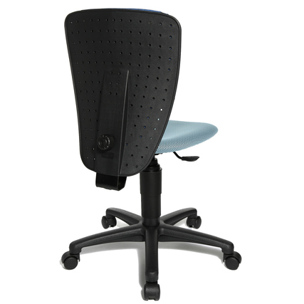 Rückansicht eines blauen Kinderdrehstuhls mit hoher Rückenlehne und schwarzem Fußkreuz.