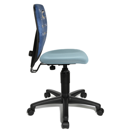 Seitenansicht eines blauen Kinderdrehstuhls mit ergonomischer Rückenlehne und verstellbarem Sitz.