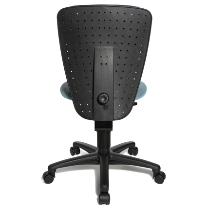 Rückansicht eines ergonomischen Kinderdrehstuhls mit hoher Rückenlehne und stabilem Fußkreuz.