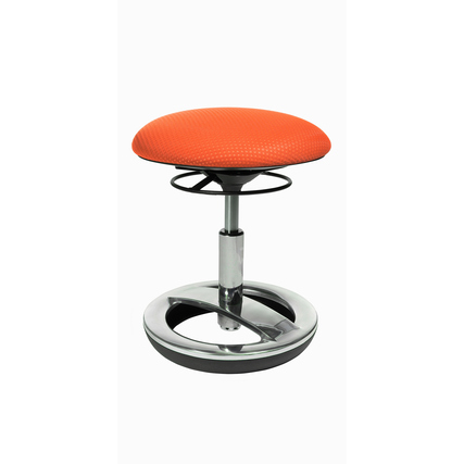 Orangener Kindersitzhocker mit gepolsterter Sitzfläche und stabiler Fußplatte, in seitlicher Sicht.