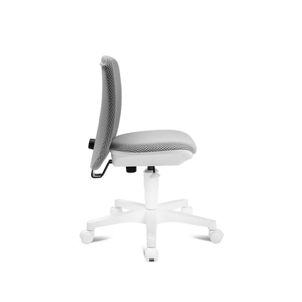 Kinderdrehstuhl in grau mit ergonomischer Rückenlehne, seitliche Ansicht auf weißem Fußkreuz.