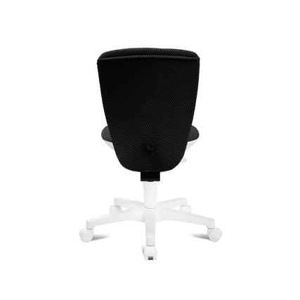 Schwarzer Kinderdrehstuhl mit ergonomischer Rückenlehne, von hinten mit weißem Fußkreuz abgebildet.