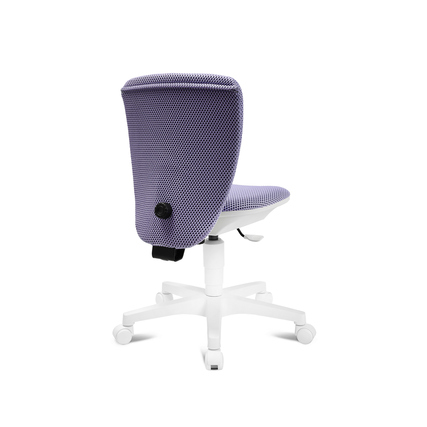 Kinderdrehstuhl in Flieder mit ergonomischer Rückenlehne und weißem Fußkreuz, Rückansicht.