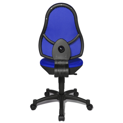 Blauer Kinderdrehstuhl mit hoher Rückenlehne und beweglicher Sitzfläche, frontal betrachtet.