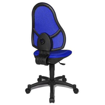 Blauer Kinderdrehstuhl mit ergonomischer Rückenlehne und beweglicher Sitzfläche, seitliche Ansicht.