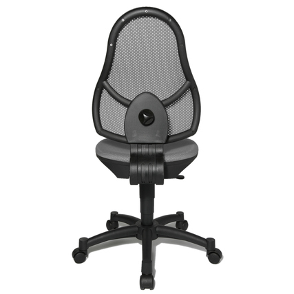 Dunkelgrauer Kinderdrehstuhl mit ergonomischer Rückenlehne und beweglicher Sitzfläche, frontal.