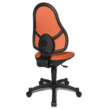 Oranger Kinderdrehstuhl mit ergonomischer Rückenlehne und höhenverstellbarem Sitz.