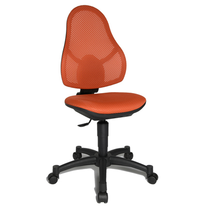 Oranger Kinderdrehstuhl mit ergonomischer Netzrückenlehne und beweglicher Sitzfläche.
