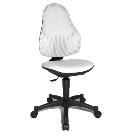 Weißer Kinderdrehstuhl mit atmungsaktiver Netzrückenlehne und beweglicher Sitzfläche.