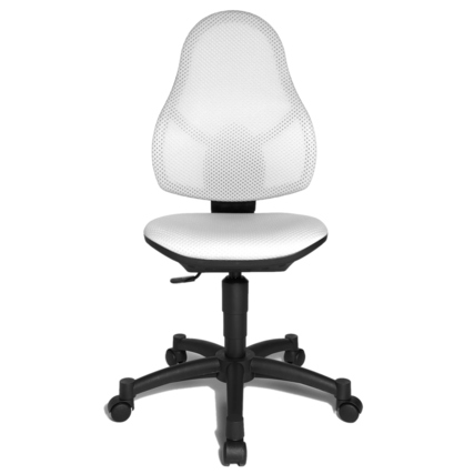 Weißer Kinderdrehstuhl mit ergonomischer Rückenlehne und beweglicher Sitzfläche.