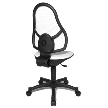 Weißer Kinderdrehstuhl mit ergonomischer Rückenlehne und beweglicher Sitzfläche, seitlich gesehen.