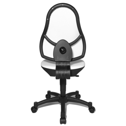 Weißer Kinderdrehstuhl mit ergonomischer Rückenlehne und beweglicher Sitzfläche, rückansicht.