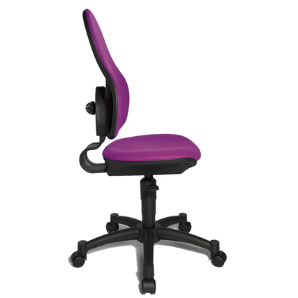 Violetter Kinderdrehstuhl mit ergonomischer Rückenlehne, seitliche Ansicht.