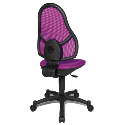 Violetter Kinderdrehstuhl mit ergonomischer Rückenlehne und beweglicher Sitzfläche.