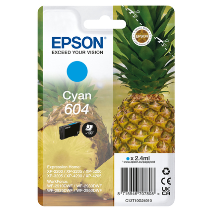 Epson Tintenpatrone 604 in cyan, verpackt in einer blauen Verpackung mit Ananasmotiv.