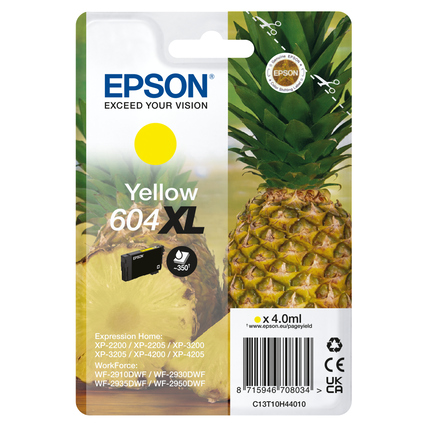 Gelbe Epson Tintenpatrone 604XL in Verpackung mit Ananas-Motiv.