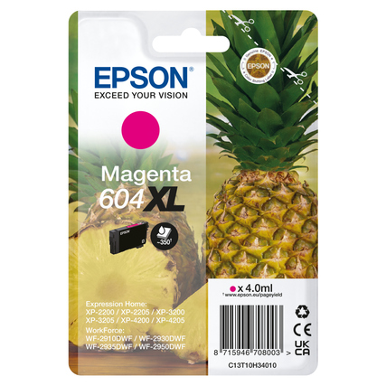 Magenta Tintenpatrone 604XL in einer Verpackung mit Ananas-Hintergrund.