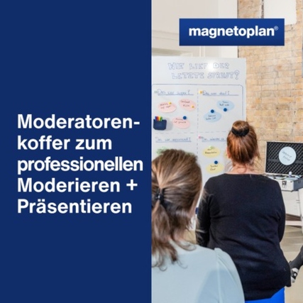 Moderationskoffer mit diversen Kommunikationskarten und Materialien für Präsentationen in Nutzung.