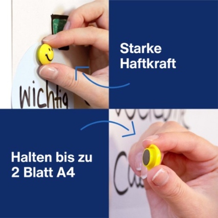 Gelber Magnet in Smiley-Form wird verwendet, um Notizen an einer Wand zu befestigen.