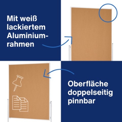 Doppelseitige Moderationstafel aus Kork mit einem weißen lackierten Aluminiumrahmen.