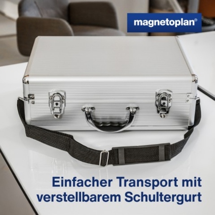 Moderationskoffer mit verstellbarem Schultergurt auf einem Tisch.