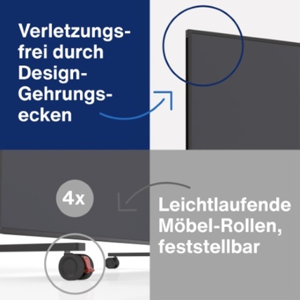 Moderationstafel in Schwarz mit gerade Gehrungsecken und Möbelrollen zur einfachen Mobilität.