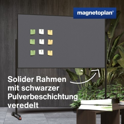 Moderationstafel mit schwarzem Rahmen, auf einem Ständer, vor Pflanzen im Hintergrund.