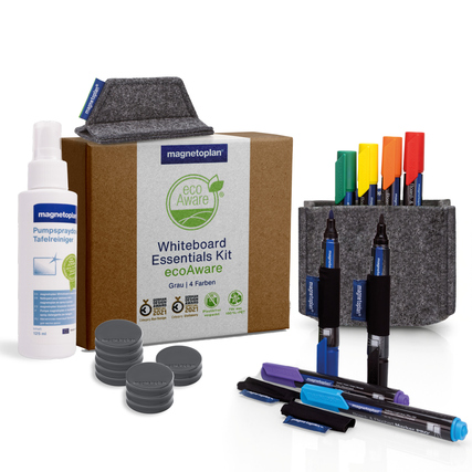 Starterset für Whiteboards mit Markern, Reinigungsspray, Lappen und Magneten in einer Verpackung.