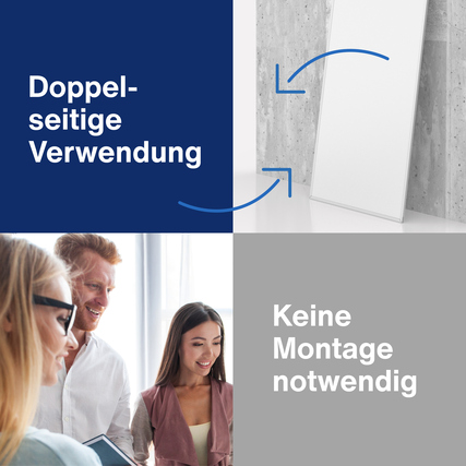 Produktbild eines Whiteboards mit Hinweisen zur doppelseitigen Verwendung und einfacher Handhabung.