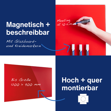 Glasboard in intensivrot mit Beschriftung und dekorativen Elementen.