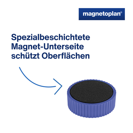 Dunkelblauer Magnet mit spezialbeschichteter Unterseite zur Schonung von Oberflächen.