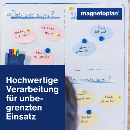 Dunkelblaue Magnete an einer weißen Tafel mit handgeschriebenen Zetteln und Notizen.