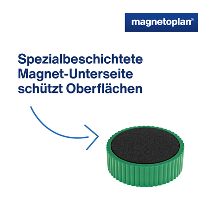 Grüner Magnet mit spezialbeschichteter Unterseite für den Schutz von Oberflächen.