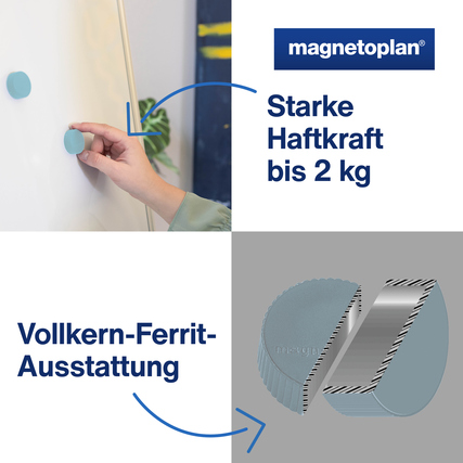 Blauer Magnet mit Vollkern-Ferrit Ausstattung und hoher Haftkraft bis 2 kg an einer Oberfläche.