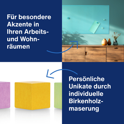 Vier bunte Holzmagnete mit unterschiedlicher Maserung auf einer Fläche zur Dekoration.