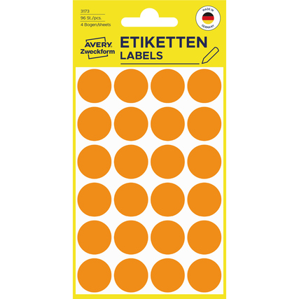 Leuchtorange Markierungspunkte auf einem gelben Etikettenblatt mit 96 Sticker.