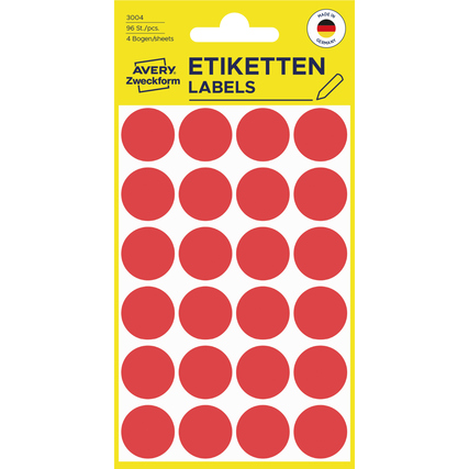 Rote, nicht wieder ablösbare Markierungspunkte auf einem gelben Label-Bogen mit 96 Punkten.