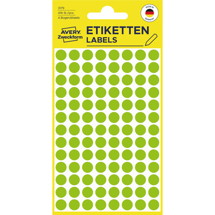 Leuchtgrüne Markierungspunkte auf Blättern mit 4 Bögen und je 116 Punkten pro Bogen.