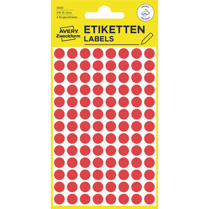 Rote, wieder ablösbare Markierungspunkte auf vier Bögen im Format von Etiketten.