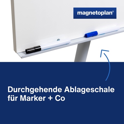 Mobiles Flipchart mit durchgehender Ablageschale für Marker und Zubehör, weiße Oberfläche.