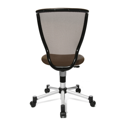 Drehstuhl für Kinder mit hoher Rückenlehne aus Netzmaterial und gepolstertem Sitz in dunkelbraun.