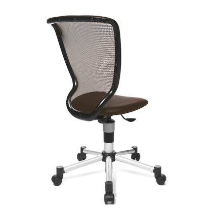 Drehstuhl mit schwarzer Netzrückenlehne und dunkelbraunem Sitz, auf einem stabilen Fußkreuz.