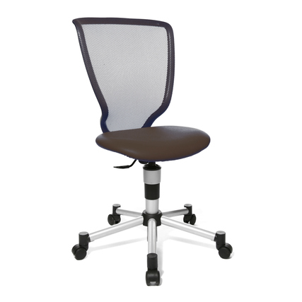 Drehstuhl für Kinder mit atmungsaktiver Netzrückenlehne und gepolstertem Sitz in dunkelbraun.