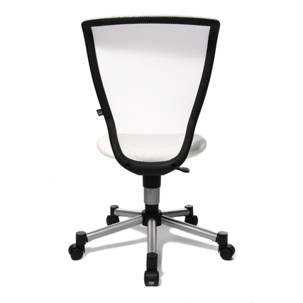 Weißer Kinderdrehstuhl mit ergonomischer Netzrückenlehne und stabilem Fußkreuz, Rückansicht.