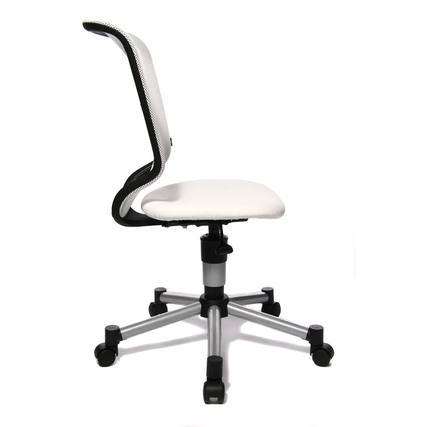 Weißer Kinderdrehstuhl mit ergonomischer Rückenlehne und Fußkreuz auf einem weißen Hintergrund.