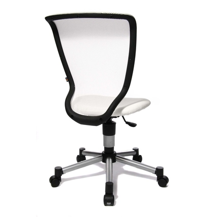 Rückansicht eines weißen Kinderdrehstuhls mit hoher Netzrückenlehne und komfortablem Sitz.