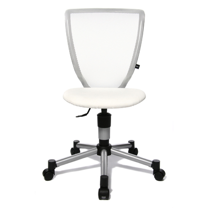 Weißer Kinderdrehstuhl mit hochergonomischer Rückenlehne und stufenlos verstellbarem Sitz.