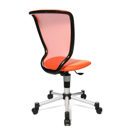 Oranger Kinderdrehstuhl mit ergonomischer Rückenlehne und verstellbarem Sitz.